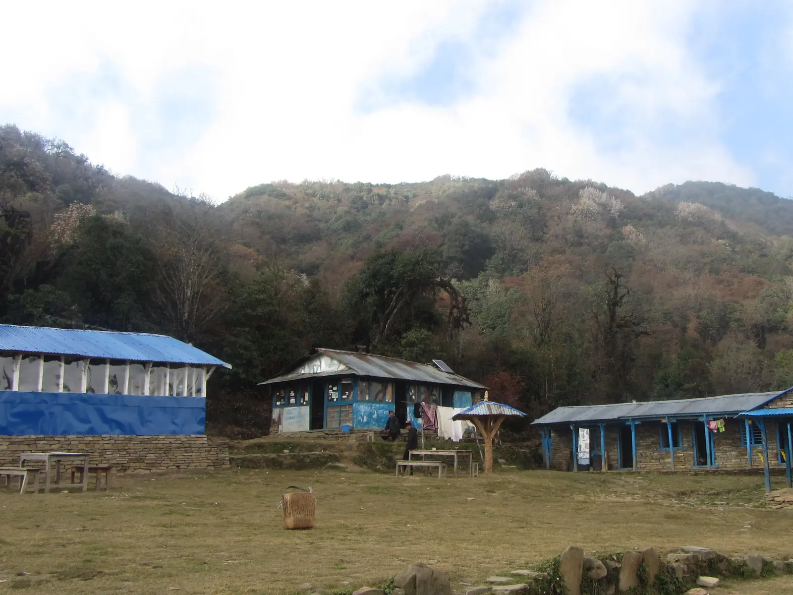 Blue-roofed teahouses in a forest clearing below wooded hills