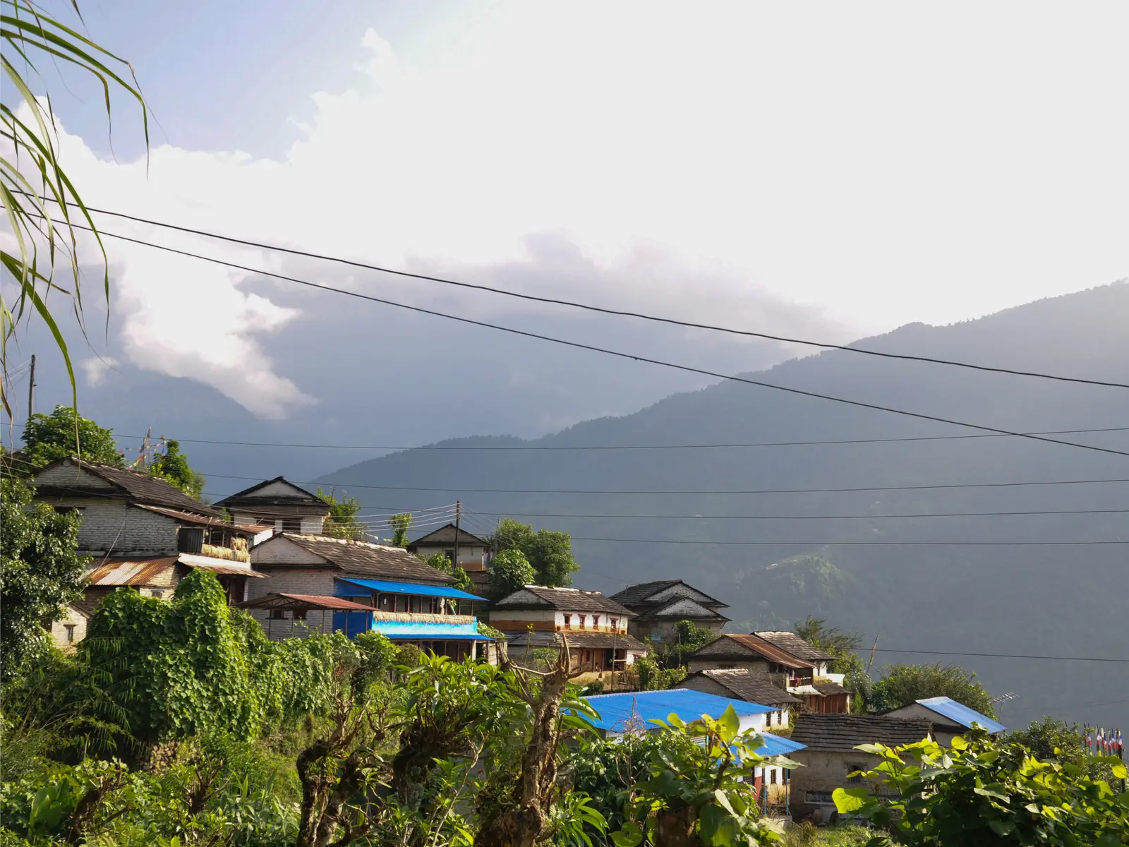 Lwang village houses on a green hillside with misty hills behind