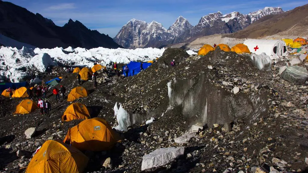 Expedition Teams pitching tents in the Everest Base Camp