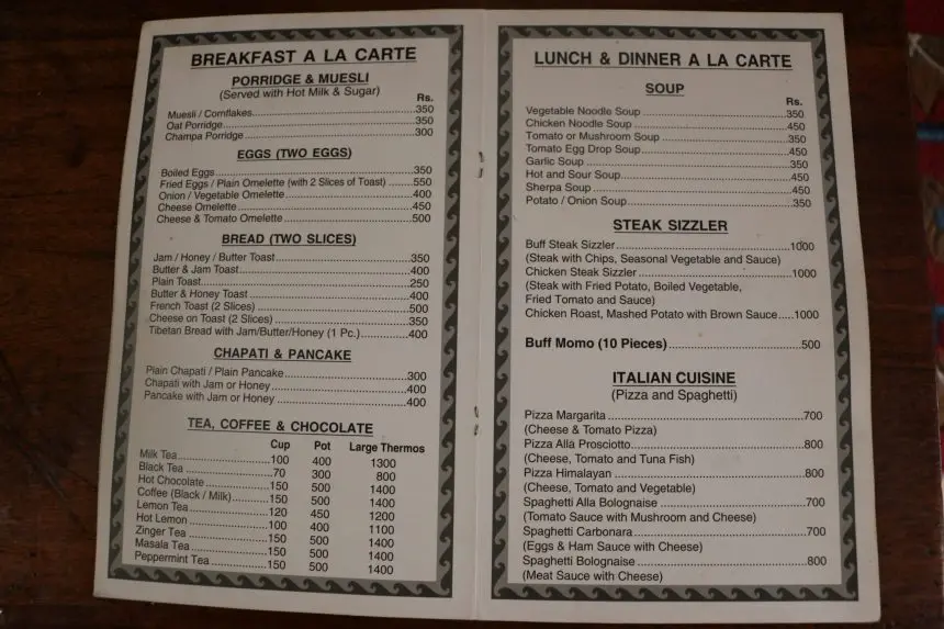 Food Menu in Lukla
