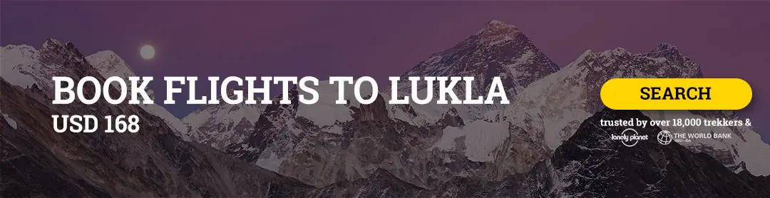 Banner reading Book Flights to Lukla USD 168 over a purple mountain skyline