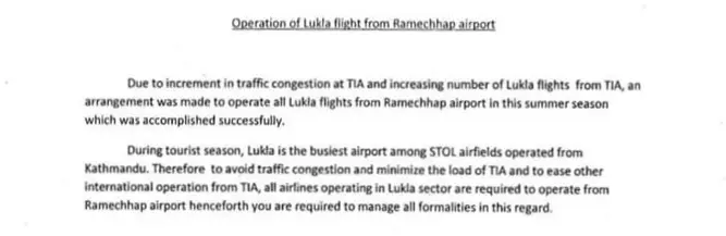 Notice on Ramechhap to Lukla Flights by CAAN