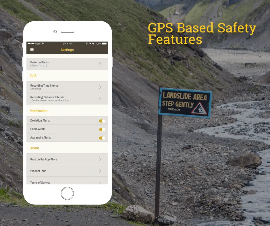 Phone showing HoneyGuide app alert settings beside a landslide warning sign