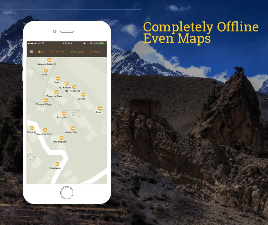Phone showing an offline map of Namche Bazaar lodges over a mountain backdrop