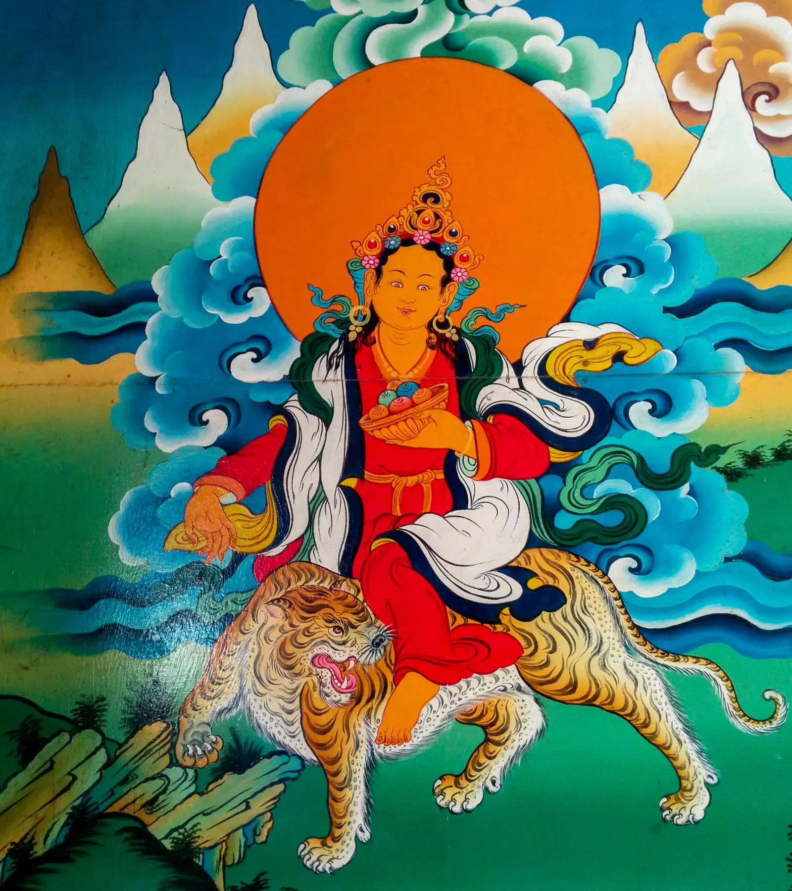Painting of the goddess Miyolangsangma riding a tiger
