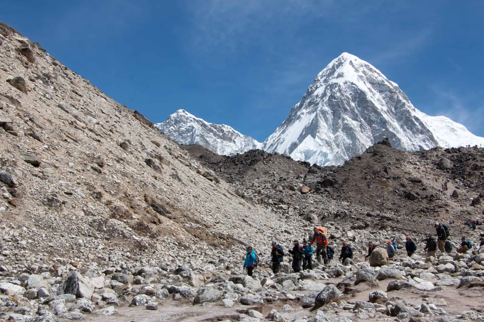 Trekkers along the EBC trek with Pumori in the background