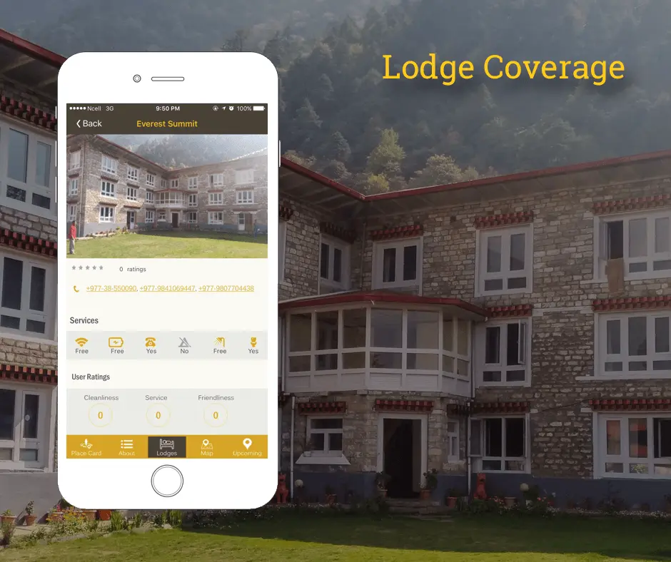 Phone showing a lodge page in the HoneyGuide app over a stone lodge building