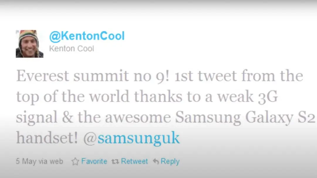 Screenshot of a tweet posted from the summit of Everest