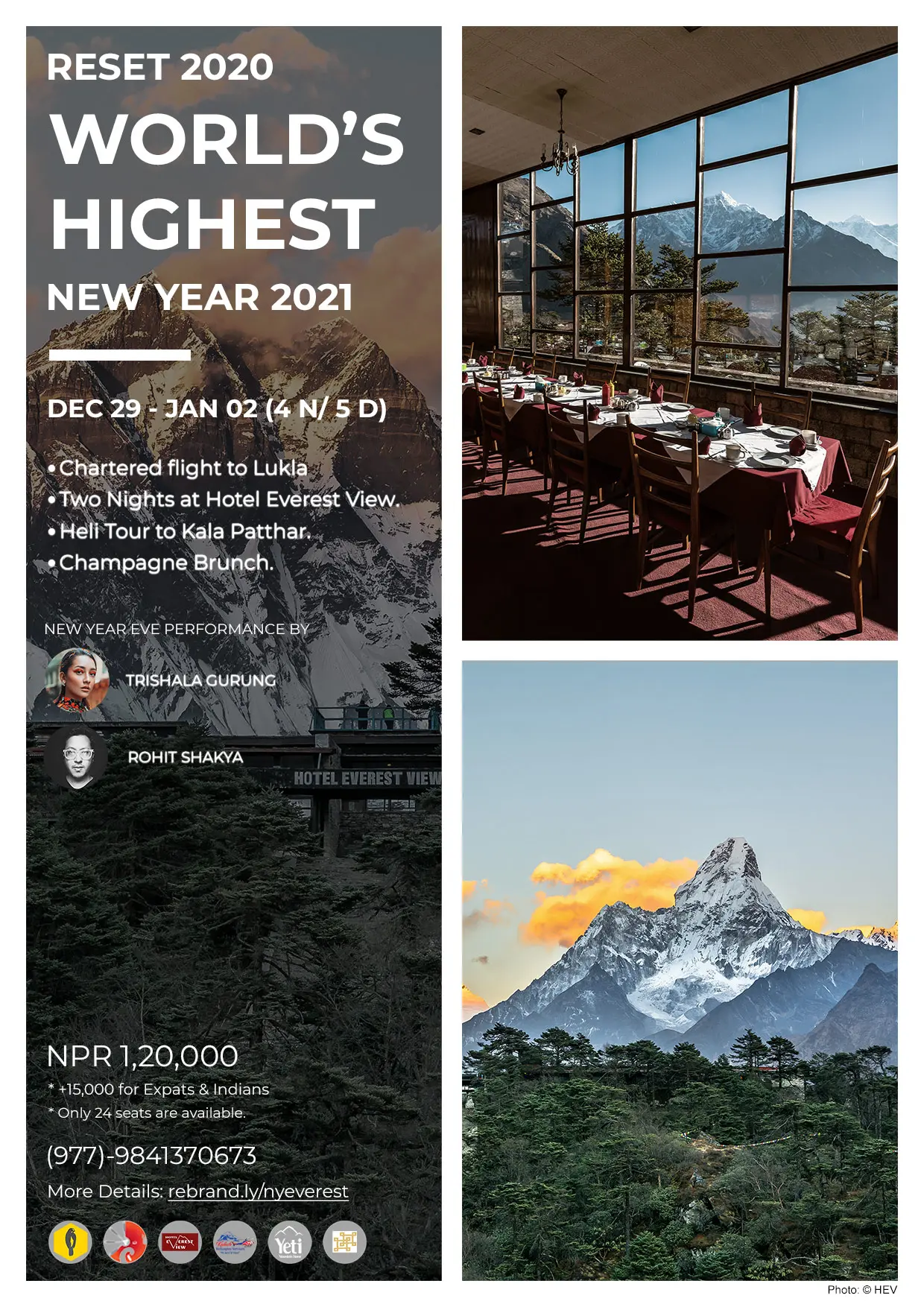 Event poster for a New Year trip with photos of a hotel dining room and Ama Dablam