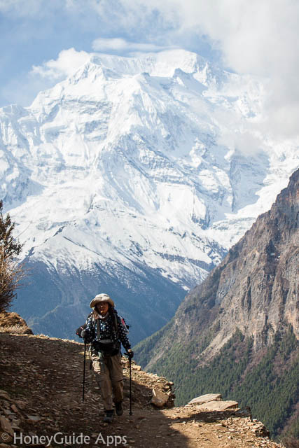 Trekker walking pass by Annapurna II, Nepal.