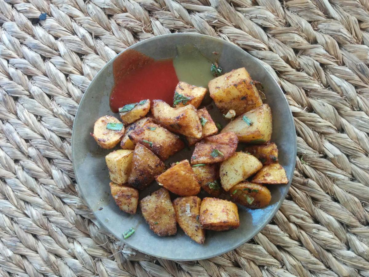 Fried potato at Lahana, Kirtipur, Nepal.